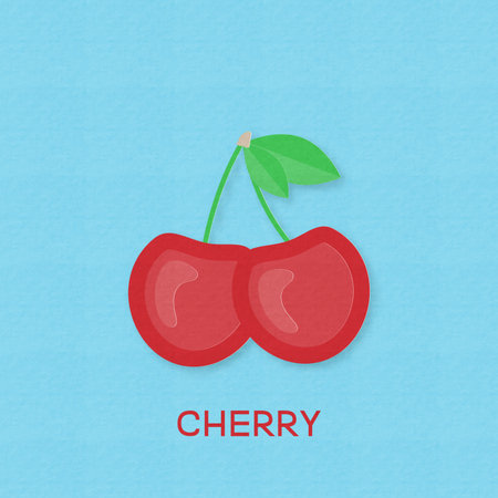 Creative vector illustration red Cherry. On blue background with paper textured. Paper art digital...