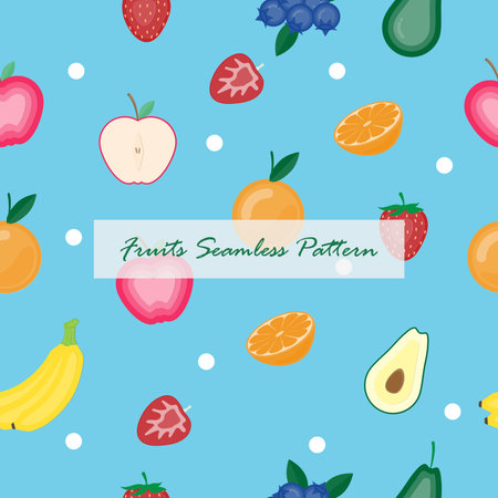 Creative vector illustration fruits seamless on blue background. Paper art digital craft papercut...