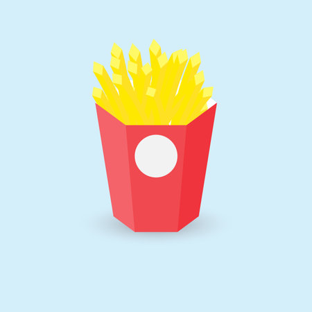 Vector illustration french fries in red paper box on blue background. Fast food. Junk food.のイラスト素材