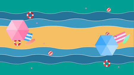 Sea beach background with umbrellas, balls, swim ring, sunglasses, surfboard, , starfish. Aerial view of summer beach in paper cut style.のイラスト素材