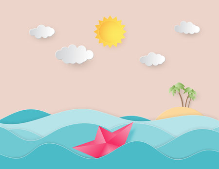Ocean water wave with origami made sailing boat floating on the sea and sun paper cut style. Leadership recruitment and talent headhunting concept.のイラスト素材