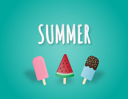 Creative vector illustration dessert with pink strawberry, blue hawaii chocolate and watermelon ice cream. Summer background for poster, postcard, banner, flyer, wallpaper, advertising template.のイラスト素材