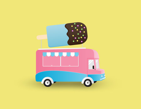Ice cream truck isolated on yellow background. Creative vector illustration.のイラスト素材