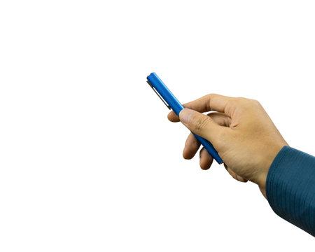 Isolated of Hand holding pen on white background. A man hand hold a pen like showing or giving.