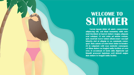 Summer background with back view of bikini young girl at tropical beach and palm paper cut style. poster, flyer, web template, banner, brochure, shopping, promo, advertising travel ticket promotion.のイラスト素材