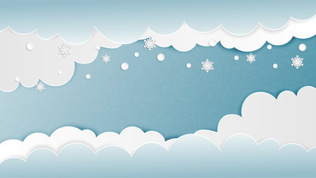 Clouds background with snowflakes in paper cut style. Vector illustration. Digital craft paper art design for backdrop, wallpaper, template, banner, poster, advertising display, brochure, book cover.のイラスト素材