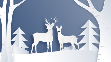 Love couple of deer in winter field with pine tree and branches in paper cut style. Creative vector illustration Christmas celebration. Backdrop, Poster, Brochure, Banner, Flyer, Greeting card.のイラスト素材
