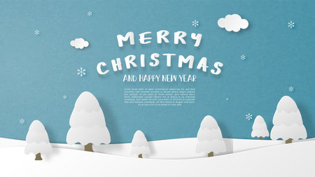 Landscape winter season with pine tree and falling snow and clouds background in paper cut style. Vector illustration. wallpaper, backdrop, poster, wallpaper, banner, brochure.のイラスト素材