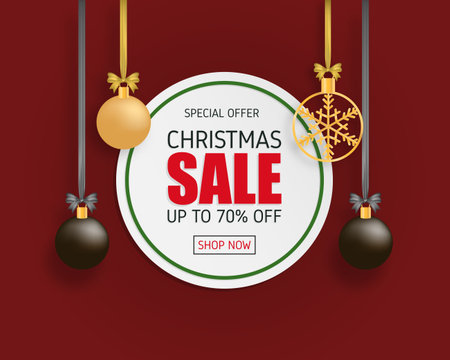 Christmas sale banner with decoration in paper cut style on red background.のイラスト素材