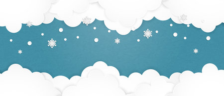 Cloud background in paper cut style with falling snowflakes.のイラスト素材
