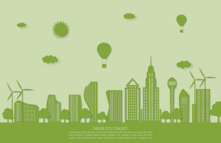 Ecology and environment conservation concept. Green city landscape in paper cut style.のイラスト素材