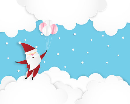 Merry Christmas and Happy new year greeting card in paper cut style. Paper craft flying Santa Claus in the sky.のイラスト素材