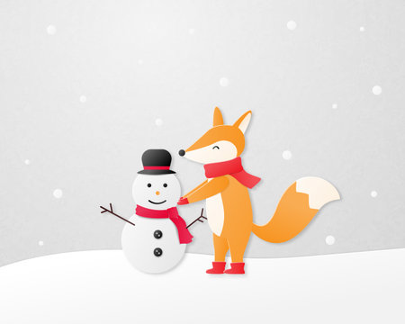 Paper art concept. A happy fox build a snowman on snow field in paper cut style.のイラスト素材