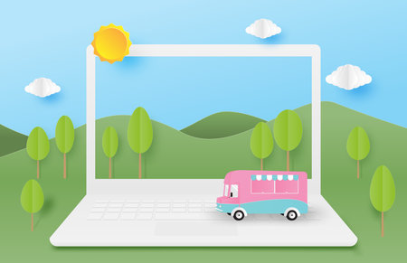 Spring concept with nature landscape and the vehicle on laptop in paper cut style. Vector illustration digital craft paper art.のイラスト素材