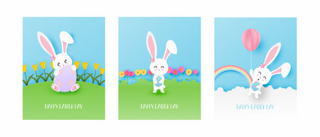 Set of Easter day greeting card with cute bunny in paper cut style. Vector illustration. Digital craft paper art. Easter day concept.のイラスト素材
