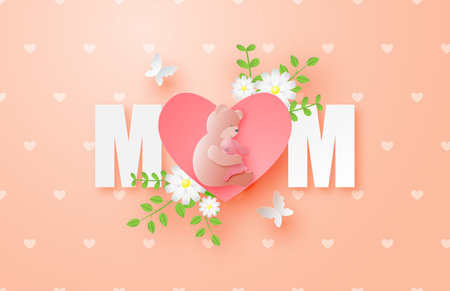 Happy mother's day poster or banner with the bear hugs the rabbit in paper cut style. Digital craft paper art.のイラスト素材