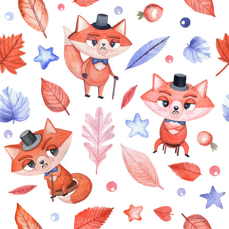 Childrens seamless watercolor pattern with a fox for baby boys, little gentlemen and hipsters on a white backgroundの写真素材