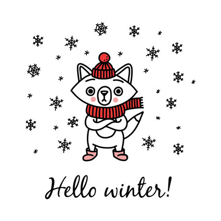Winter card. Cute fox in clothes - a knitted hat, scarf and ugg boots. Cartoon animal for Christmas decorations.のイラスト素材