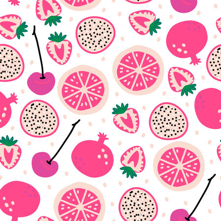 Seamless pattern with fruits: pitaya, cherry, strawberries, grapefruit, pomegranate on white background. Cute pink vector. Bright summer illustration for fabric and decor.のイラスト素材