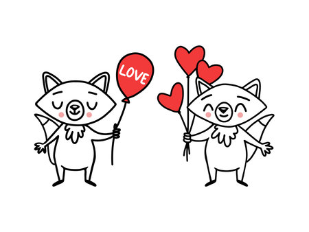 Cute doodle vector foxes with heart balloons, a gift box for holidays. Funny animals cartoon characterのイラスト素材