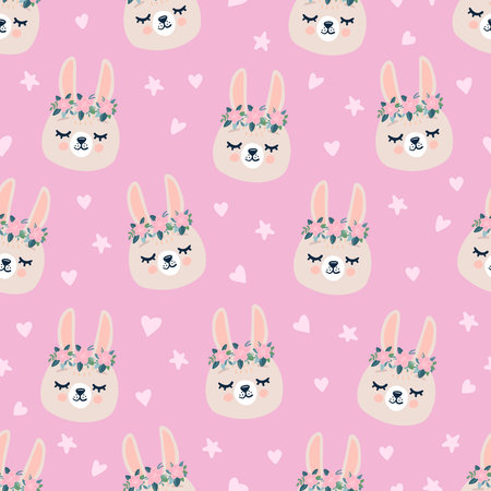 Cute seamless spring pattern with sleeping rabbits heads, hearts. Hand drawn background with animal for children.のイラスト素材