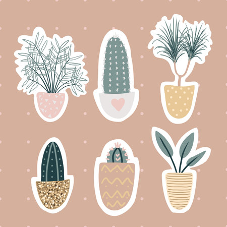 Collection of decorative houseplants stickers isolated on white background. Bundle of trendy plants growing in pots. Set of beautiful natural home decorations. Flat colorful  illustration.のイラスト素材