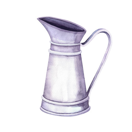 Watercolor vintage metal pitcher on white background. Farm and garden interior decorationの写真素材