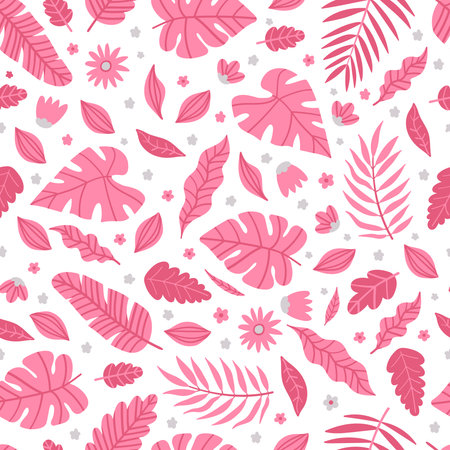 Tropical pink palm leaves seamless pattern. Vector illustration on white background.のイラスト素材