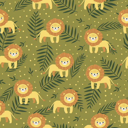 Cute lion cartoon design with leaves on green background. Vector illustrationのイラスト素材
