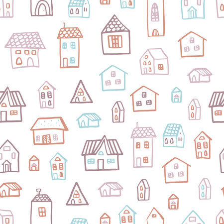 Vector seamless pattern with houses in doodle style. Stylish background for a nursery in scandinavian colors.のイラスト素材