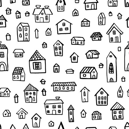 Black and white doodle seamless pattern with cute houses. Linear vector graphics.のイラスト素材