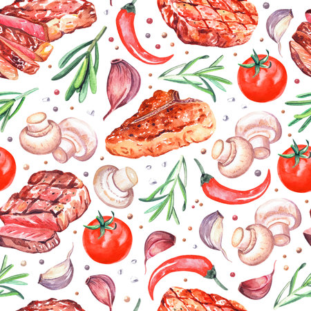 Watercolor grilled beef steaks with mushrooms, pepper, tomato. Hand drawn illustration isolated on white.の写真素材
