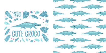Seamless kid pattern and illustration with crocodile and leaves. Cute pajama design.のイラスト素材