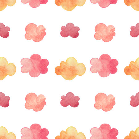 Watercolor pattern with autumn clouds and hearts in the color of the leaves. Seamless background fall elements on white.の写真素材