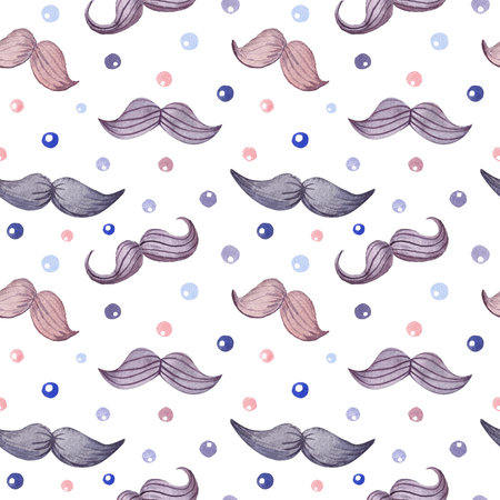 Watercolor pattern with mustache and dots on white background for boys and gentlemenの写真素材