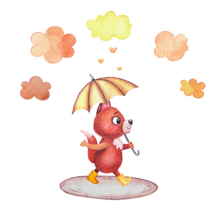Hand drawn watercolor childish illustration. Cute fox character in yellow rubber boots walks under an umbrella with clouds. Animal illustration isolated on white backgroundの写真素材
