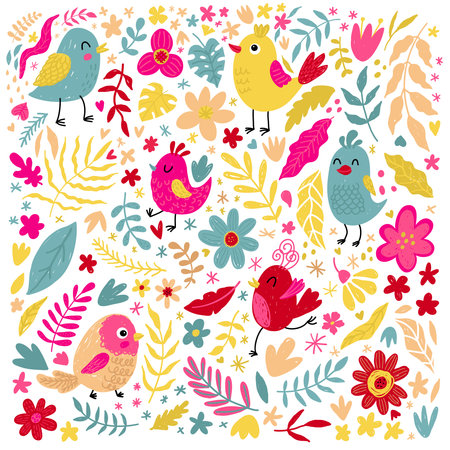 Set of cute little birds, flowers and herbs. Nature and spring print. Vector illustration.のイラスト素材