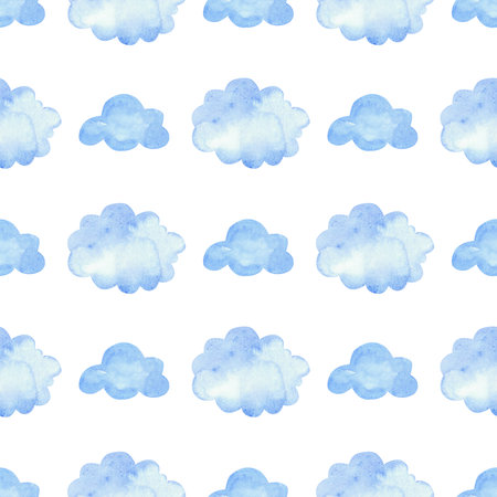 Watercolor pattern with blue clouds. Seamless background elements on whiteの写真素材
