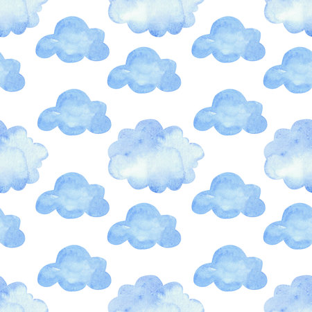 Watercolor pattern with blue clouds. Seamless background elements on whiteの写真素材
