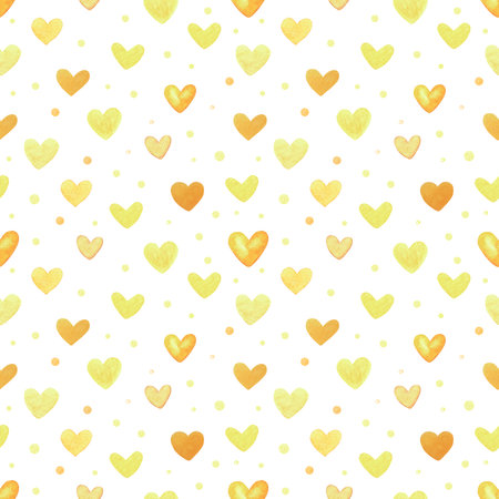 Seamless pattern with yellow hearts. Hand drawn watercolor illustration. Decorative elements. Creative art workの写真素材