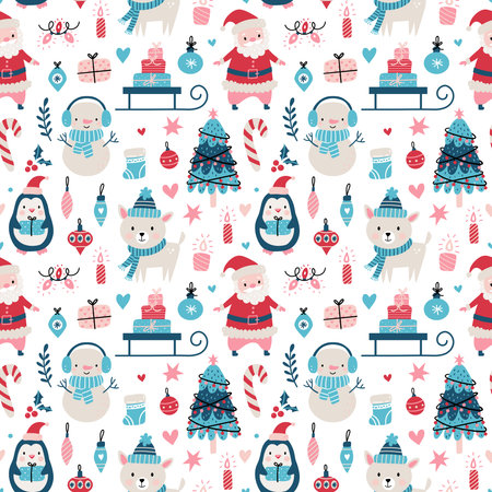 Seamless Christmas pattern with Santa clause, deer, tree, decoration, snowflakes, penguin, snowman and boxes.のイラスト素材