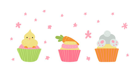 Cute Easter cupcakes with rabbit, chicken and carrot. Vector illustration isolated on white backgroundのイラスト素材