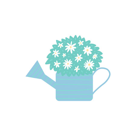 Spring garden cute watering can with chamomile in hand drawn style. Happy gardening poster design. Vector illustration on white.のイラスト素材