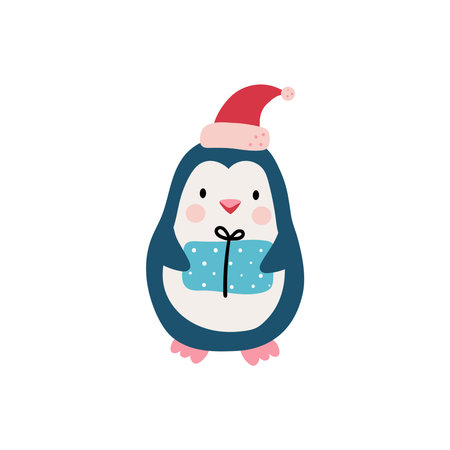 Cute hand drawn penguin with gift for Merry Christmas. Vector illustration on white backgroundのイラスト素材