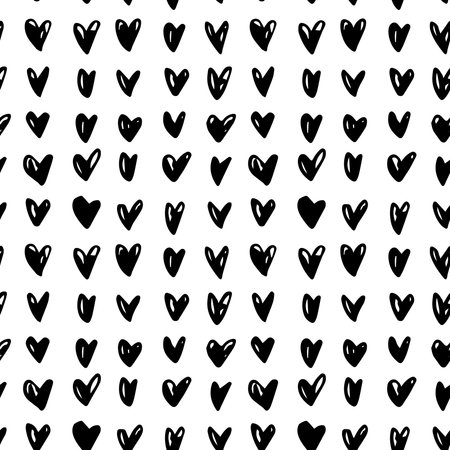 Hand drawn modern doodle seamless pattern. Black grunge hearts on white background. Vector illustrationのイラスト素材