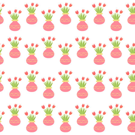 Seamless pattern of bouquets of pink tulips in a vase. Hand-drawn flat flowers for decoratingのイラスト素材