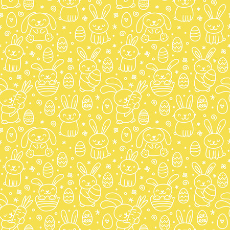 Cute hand drawn Easter seamless pattern with bunnies, flowers, easter eggs. Beautiful yellow and white background for cards, banner, textilesのイラスト素材
