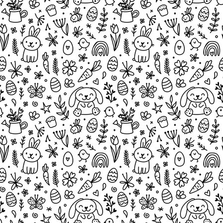 Cute hand drawn doodle Easter seamless pattern with bunnies, flowers, easter eggs. Beautiful black and white background for cards, banner, textilesのイラスト素材
