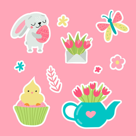 Easter greeting stickers with bunny. Vector illustration. Set of cute cartoon characters and elements.のイラスト素材