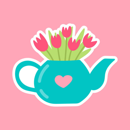 Spring teapot with flowers on white backgroundのイラスト素材